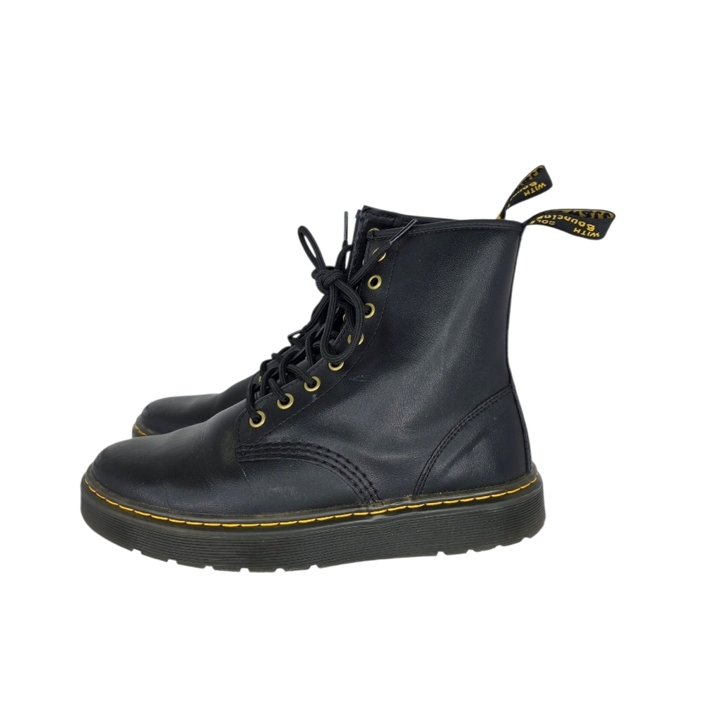 Dr. Martens Zavala Combat Boots Unisex Black Leather Yellow Stitching Size M7 W8